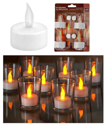 Свечи чайные КЛАССИЧЕСКИЕ мерцающие, с LED-огнями, белые, набор 4 шт., 3.8х4.8 см, батарейки