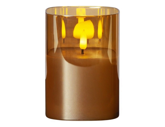 Электрическая восковая свеча FLAMME в стеклянном стакане, янтарная, тёплый белый мерцающий LED-огонь, колышущийся язычок, таймер, 9х12.5 см, Star Trading