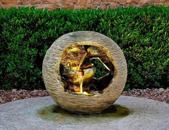 Декоративный садовый фонтан  РУЧЕЁК В ПЕЩЕРЕ, искусственный камень, тёплая белая LED-подсветка, 48 см