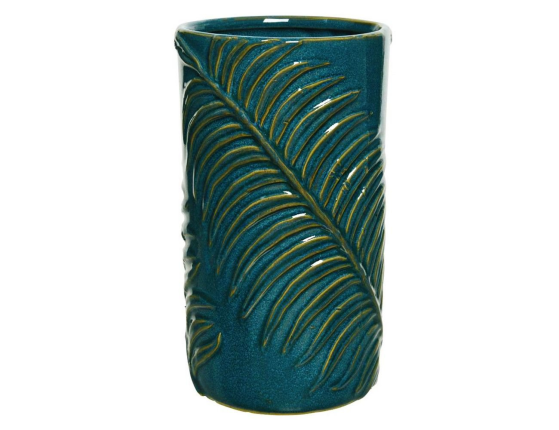 Декоративная керамическая ваза ПАЛЬМОВЫЙ МОТИВ, тёмно-бирюзовая, 19 см