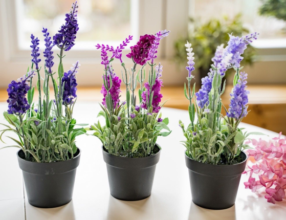 Искусственные цветы ЛАВАНДА в горшке, фиолетовые, полиэстер, 25 см