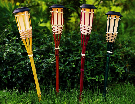 Садовые светильники Solar БАМБУКОВЫЕ ФАКЕЛЫ, тёплые белые LED-огни, эффект живого пламени, 54 см, набор - 4 шт.