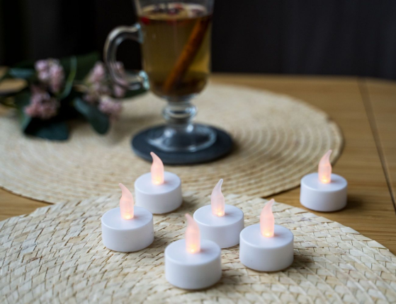 Свечи чайные, КЛАССИЧЕСКИЕ, с теплыми белыми LED-огнями, белые, 3.8х4.8 см, батарейки, набор 6 шт.