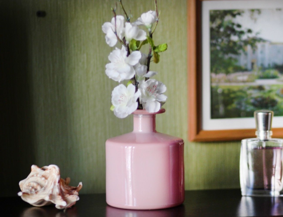 Декоративная стеклянная вазочка АЛХИМИЯ, розовая, прозрачная, форма - цилиндр, 12х14 см