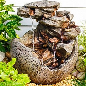 Декоративный садовый фонтан-каскад DRAGON'S EGG, искусственный камень, тёплая белая LED-подсветка, 61 см