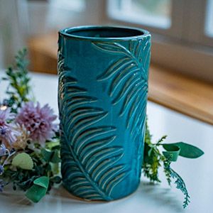 Декоративная керамическая ваза ПАЛЬМОВЫЙ МОТИВ, тёмно-бирюзовая, 19 см