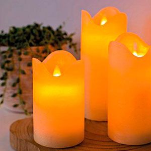 Набор восковых свечей ГАРМОНИЯ, кремовые, тёплые белый LED-огни, колышущееся пламя, 10-15 см, батарейки, ПДУ, 3 шт.