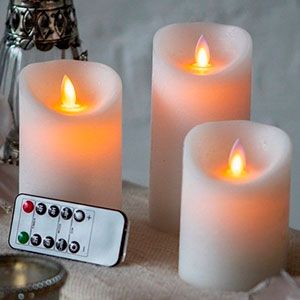 Набор восковых свечей МЕРЦАЮЩИХ, кремовых, тёплые белый LED-огни, колышущееся пламя, 7.5х10-12.5-15 см, батарейки, таймер, диммер, ПДУ, 3 шт.