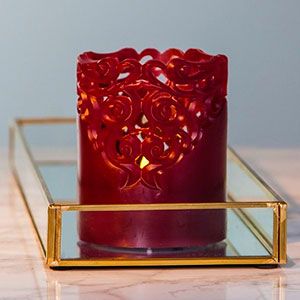 Электрическая восковая свеча КРУЖЕВНАЯ бордовая, тёплый белый LED-огонь мерцающий, таймер, 8х10 см