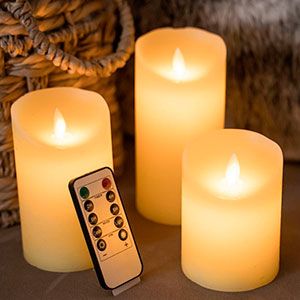Набор восковых свечей МЕРЦАЮЩИХ, жёлтых, тёплые белый LED-огни, колышущееся пламя, 7.5х10-12.5-15 см, батарейки, таймер, диммер, ПДУ, 3 шт.