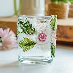 Стеклянный подсвечник ЦВЕТОЧНАЯ ВЫШИВКА, под чайную свечу, прозрачный, 7х8.3 см