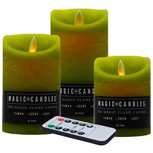 Набор восковых свечей МЕРЦАЮЩИЕ, зелёный мох, тёплые белые LED-огни, колышущееся пламя, 7.5х10-12.5-15 см, батарейки, таймер, диммер, ПДУ, 3 шт.