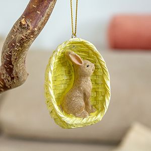 Подвесное украшение ЗАЙЧИК В КОРЗИНКЕ, полистоун, желтый, 6 см