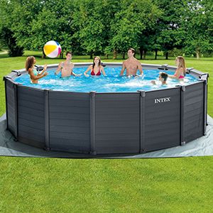 Бассейн каркасный Intex Graphite Gray Pannel Premium Frame Pool с отделкой под дерево, 478х124см + песочный фильтр-насос + аксессуары