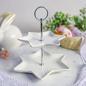 Подставка для пирожных и закусок ЗВЁЗДЫ двухъярусная, фарфор, белая, 21х22 см