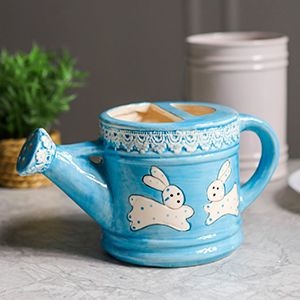 Декоративная лейка ЗАЙКИ ПОЛИВАЙКИ, керамика, голубая, 22 см