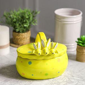 Конфетница с крышкой ТРИ УШАСТИКА, керамика, жёлтая, 17х15 см