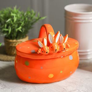 Конфетница с крышкой ТРИ УШАСТИКА, керамика, оранжевая, 17х15 см