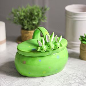 Конфетница с крышкой ТРИ УШАСТИКА, керамика, зелёная, 17х15 см