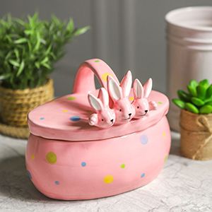 Конфетница с крышкой ТРИ УШАСТИКА, керамика, розовая, 17х15 см