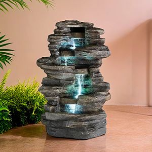 Садовый угловой декоративный фонтан-каскад РОКНЕРО, холодная белая LED-подсветка, 98 см