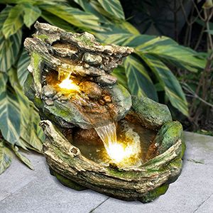 Садовый угловой декоративный фонтан-каскад РОКНЕРО, теплая белая LED-подсветка, 97 см