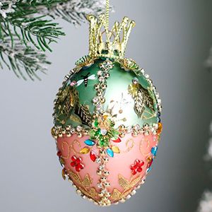 Коллекционное подвесное украшение-яйцо РОЯЛ КРАУН: ЛИСТЬЯ, стекло, текстиль, бусы, стразы, блёстки, 13 см