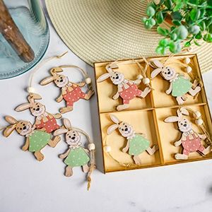 Набор деревянных елочных игрушек КРОЛЬЧАТА - МАЛЬЧИШКИ И ДЕВЧОНКИ, 8 см, 12 шт.