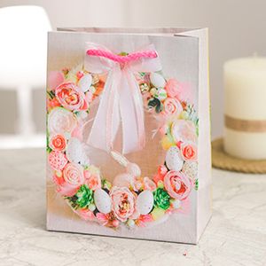 Подарочный пакет ПАСХАЛЬНЫЙ ВЕНОК - ВОЗДУШНЫЙ РОЗОВЫЙ, бумага, 18х14 см