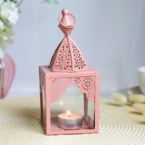 Декоративный подсвечник-фонарь МАГРИБ, металл, стекло, розовый, 17 см