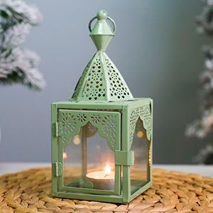 Декоративный подсвечник-фонарь МАГРИБ, металл, стекло, зелёный, 17 см