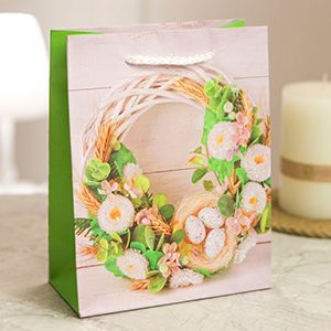 Подарочный пакет ПАСХАЛЬНЫЙ ВЕНОК - ГНЁЗДЫШКО В МАРГАРИТКАХ, бумага, 18х14 см