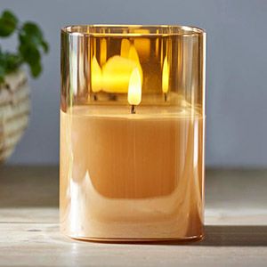 Электрическая восковая свеча FLAMME в стеклянном стакане, янтарная, тёплый белый мерцающий LED-огонь, колышущийся язычок, таймер, 9х12.5 см, Star Trading