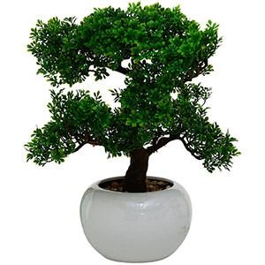 Искусственное растение БОНСАЙ (лиственный) в белом кашпо, пластик, керамика, 32х33 см