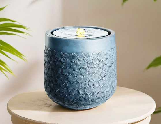 Декоративный садовый мини-фонтан TURKISH CHAMOMILE, искусственный камень, антрацитовый, тёплая белая  LED-подсветка, 35х37 см