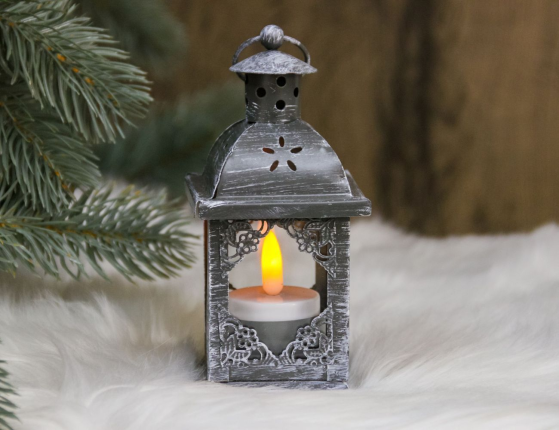 Подсвечник-фонарик под чайную свечу ПАУЛИ - Ажурный ОРНАМЕНТ, металлический, серый, 14х7 см