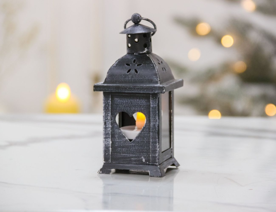 Подсвечник-фонарик под чайную свечу ПАУЛИ - ТЁПЛОЕ СЕРДЕЧКО, металлический, серый, 14х7 см