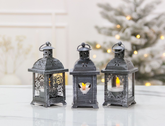 Подсвечник-фонарик под чайную свечу ПАУЛИ - ТЁПЛОЕ СЕРДЕЧКО, металлический, серый, 14х7 см