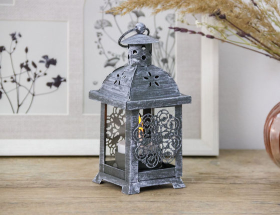 Подсвечник-фонарик под чайную свечу ПАУЛИ - КРУЖЕВНОЙ ЦВЕТОК, металлический, серый, 14х7 см