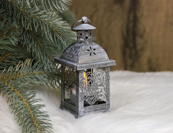 Подсвечник-фонарик под чайную свечу ПАУЛИ - КРУЖЕВНОЙ ЦВЕТОК, металлический, серый, 14х7 см