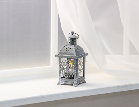 Подсвечник-фонарик под чайную свечу ПАУЛИ - КРУЖЕВНОЙ ЦВЕТОК, металлический, серый, 14х7 см