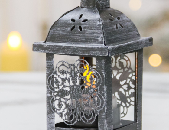 Подсвечник-фонарик под чайную свечу ПАУЛИ - КРУЖЕВНОЙ ЦВЕТОК, металлический, серый, 14х7 см