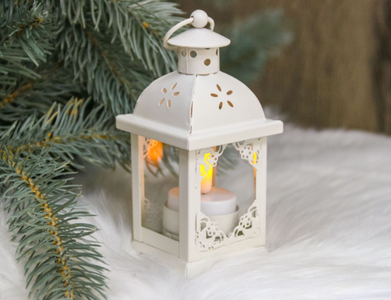 Подсвечник-фонарик под чайную свечу ПАУЛИ - Ажурный ОРНАМЕНТ, металлический, белый, 14х7 см