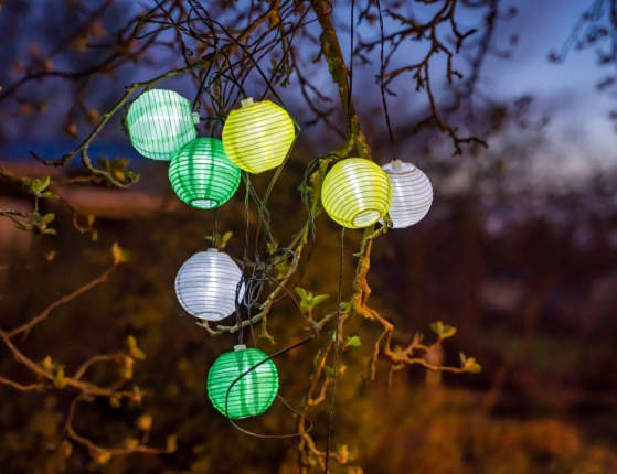 Садовая гирлянда Solar ЧАЙНА-ЛАЙТ на солнечной батарее, холодные белые LED-огни, 8 плафонов (зелёные, жёлтые, белые, голубые), 3.5+3 м