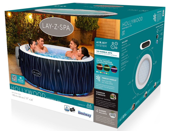 Надувной СПА бассейн Bestway LAY-Z-SPA Hollywood с аэромассажем и подсветкой, 196х66 см