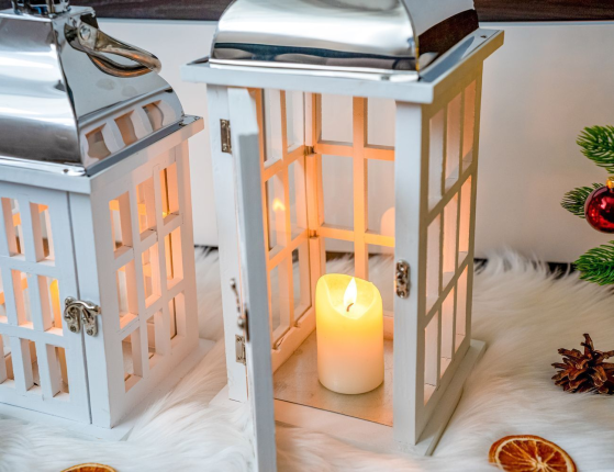 Винтажный подсвечник-фонарь ПОЛЯРНЫЙ ДЕНЬ малый, деревянный, белый, 32 см