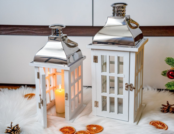 Винтажный подсвечник-фонарь ПОЛЯРНЫЙ ДЕНЬ, деревянный, белый, 39 см