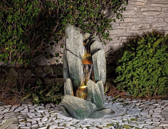 Декоративный садовый фонтан-каскад ROCCIA, тёплая белая LED-подсветка, 53х98 см