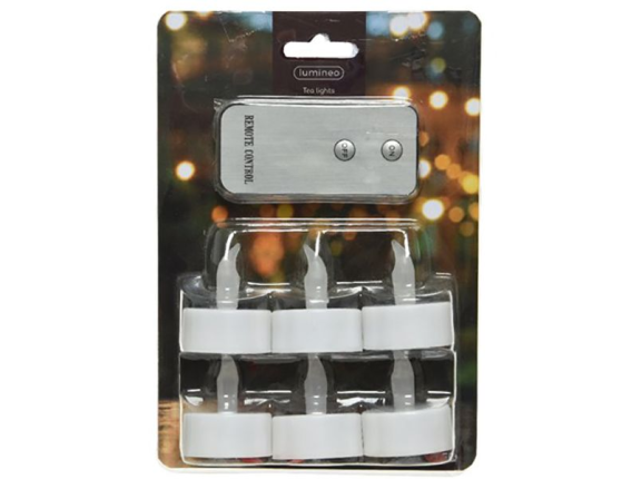 Свечи чайные, КЛАССИЧЕСКИЕ, с теплыми белыми LED-огнями, белые, 3.8х4.8 см, батарейки, с ПДУ, набор 6 шт.