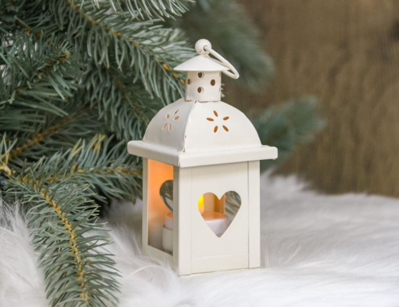 Подсвечник-фонарик под чайную свечу ПАУЛИ - ТЁПЛОЕ СЕРДЕЧКО, металлический, белый, 14х7 см